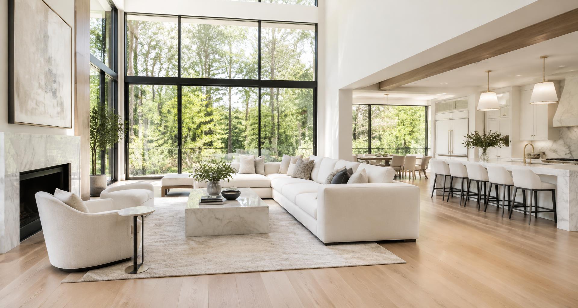 Immaculate luxury Atlanta living room with an open marble kitchen
